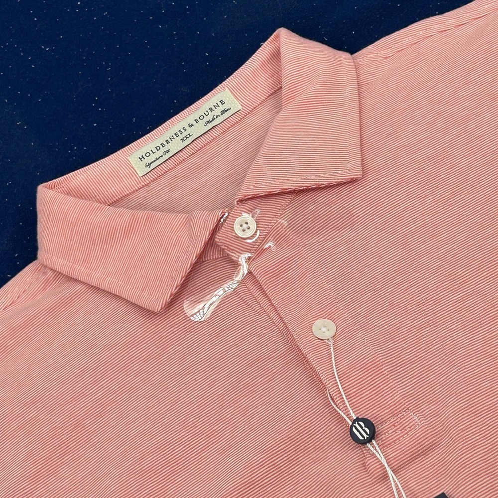 Holderness & Bourne Hunter Shirt Men XXL Pink White Stripe‎ Pima Cotton Polo NEW